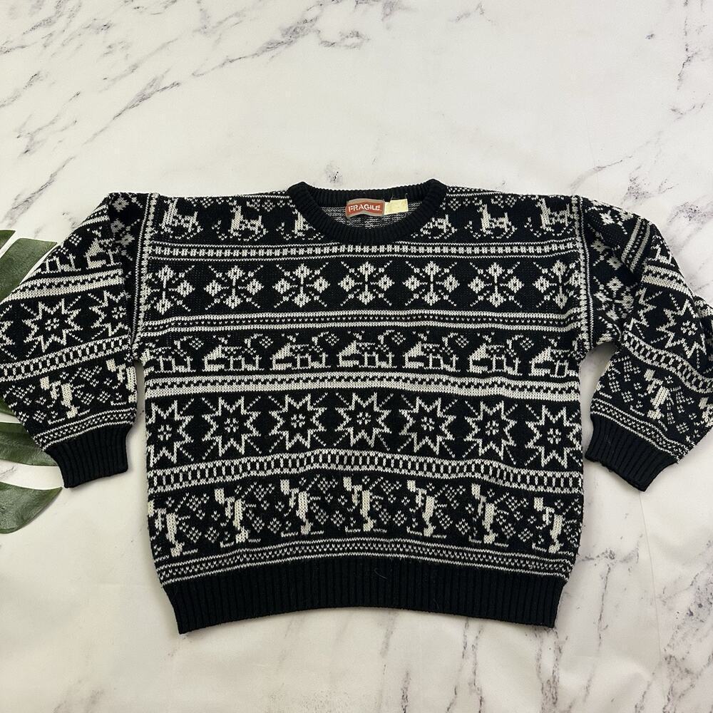 Fragile Womens Vintage 80s Fair Isle Sweater Size M Black White Ski Cabin Winter